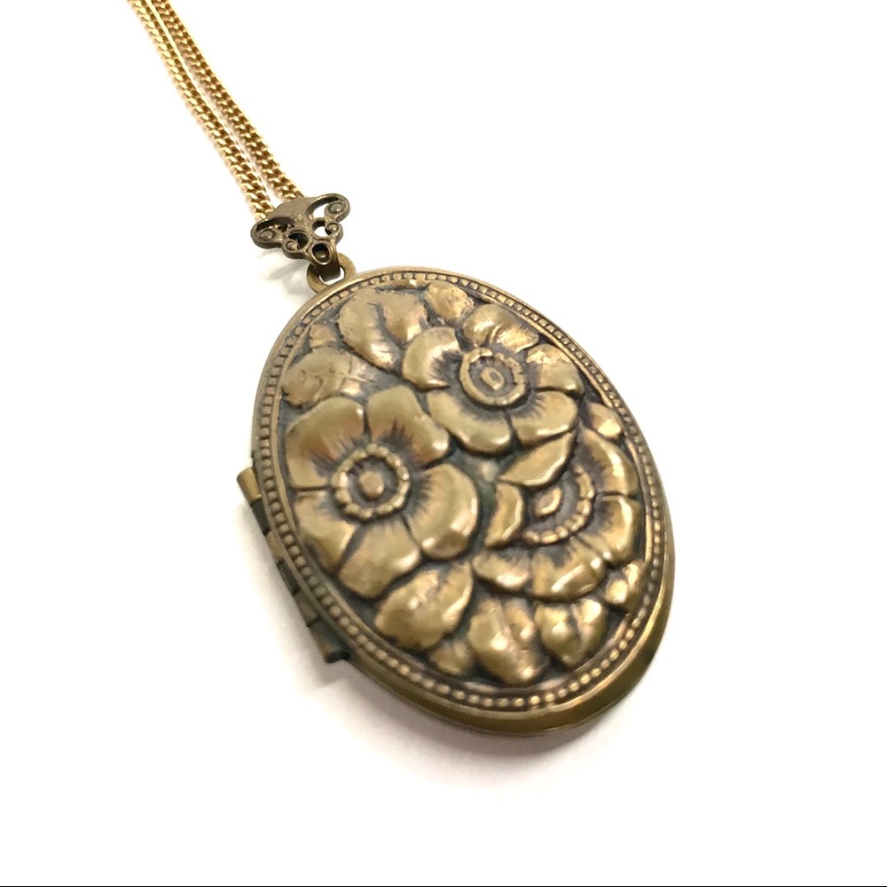 Brass Vintage Locket Long Slide Keepsake Necklace